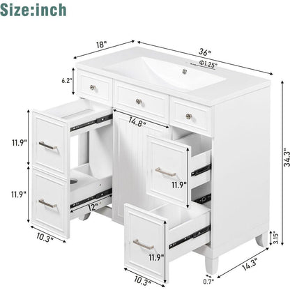 36" Bathroom Vanity Cabinet with Sink Top Combo Set,White,Single Sink,Shaker Cabinet with Soft Closing Door and Drawer