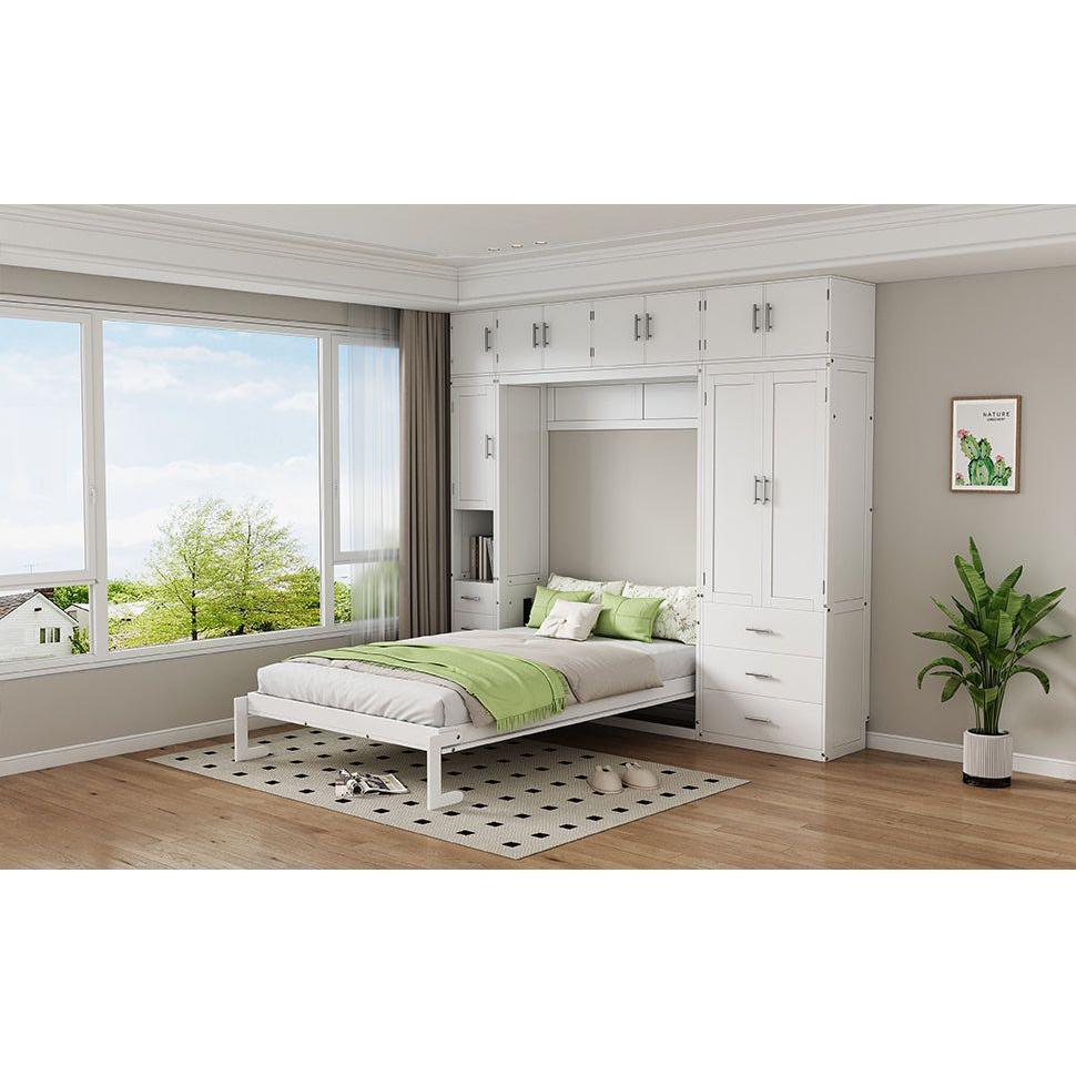 Full Size Murphy Bed with Lockers and Wardrobes, With installation video, White