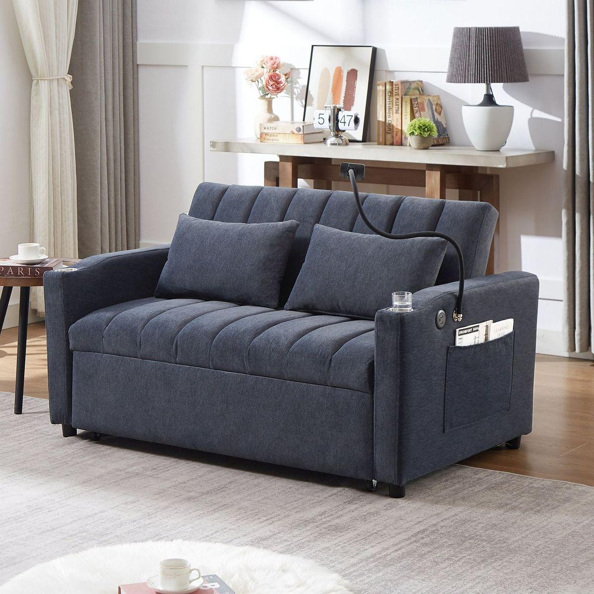 55.9" Convertible Sofa Bed Loveseat Sofa with Three USB Ports, Two Side Pockets, Two Cup Holders and 360Swivel Phone Holder for Living Room, Blue Grey