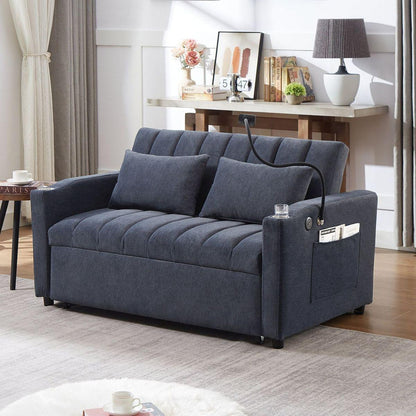 55.9" Convertible Sofa Bed Loveseat Sofa with Three USB Ports, Two Side Pockets, Two Cup Holders and 360Swivel Phone Holder for Living Room, Blue Grey