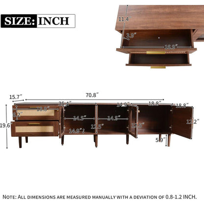 Rattan TV Stand with 3 Cabinets & 2 Drawers, Rattan-inspired Media Console Table for TVs up to 80", LED Light Entertainment Center, TV cabinet for Living room, Bedroom, Home Theatre - Streamdale Furniture