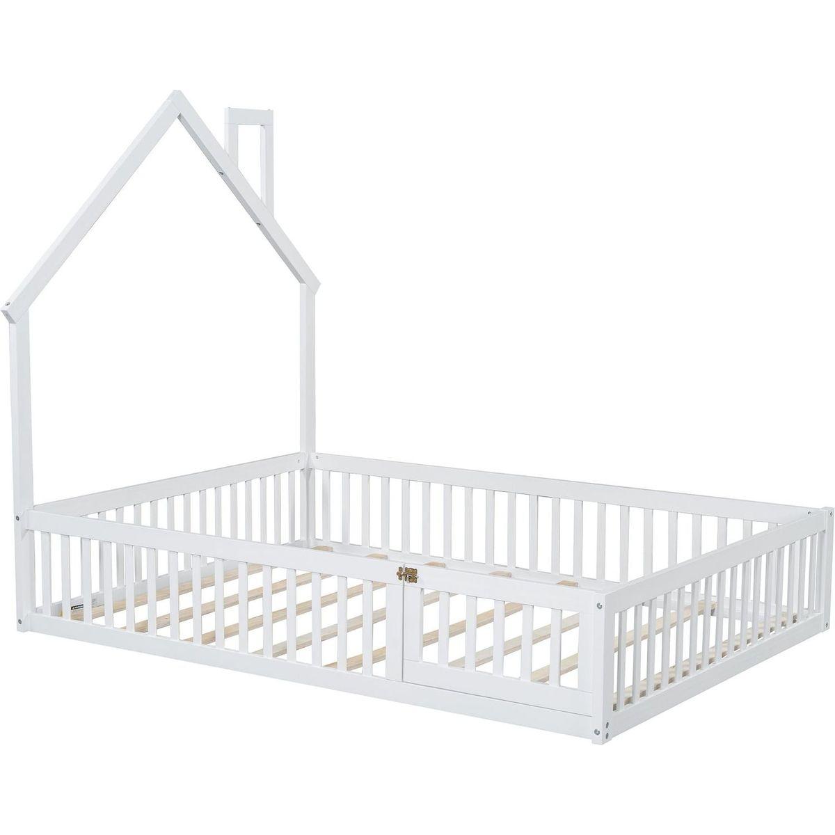 Wood Full Size House Platform Bed with Guardrail, White