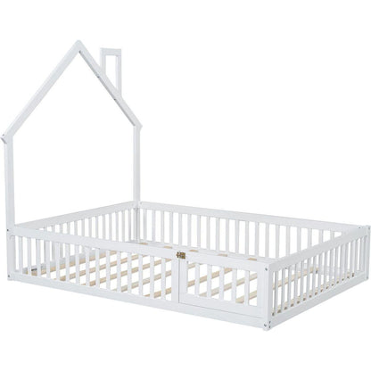 Wood Full Size House Platform Bed with Guardrail, White