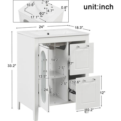 24" Bathroom Vanity with Sink, Bathroom Vanity Cabinet with Two Drawers and Door, Adjustable Shelf, Solid Wood and MDF, White