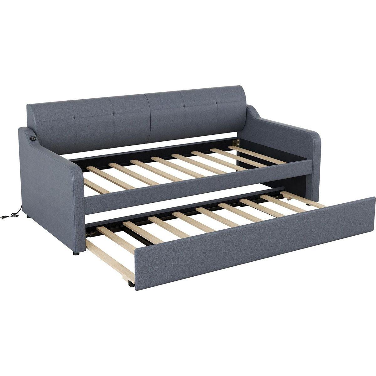 Twin Size Upholstery DayBed with Trundle and USB Charging Design,Trundle can be flat or erected,Gray