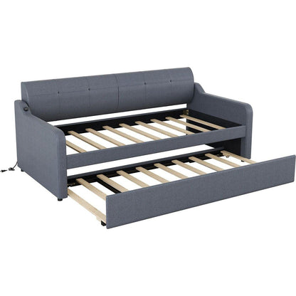 Twin Size Upholstery DayBed with Trundle and USB Charging Design,Trundle can be flat or erected,Gray