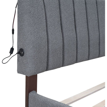 Teddy Fleece Queen Size Upholstered Platform Bed with Trundle, Gray