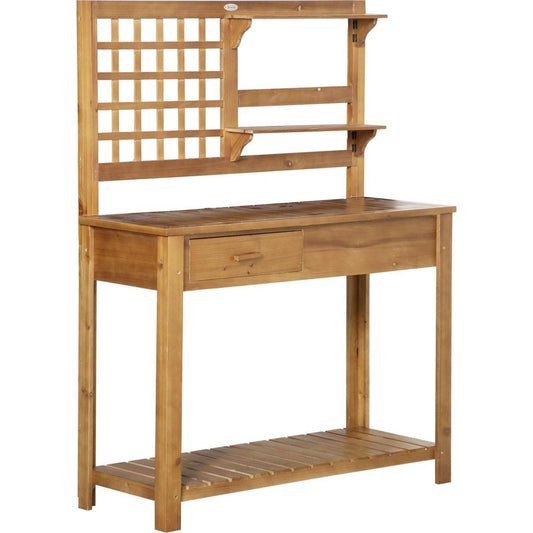 Potting Bench Table, Garden Work Bench, Outdoor Wooden Workstation with Tiers of Shelves and Drawer for Patio, Courtyards, Balcony, Brown