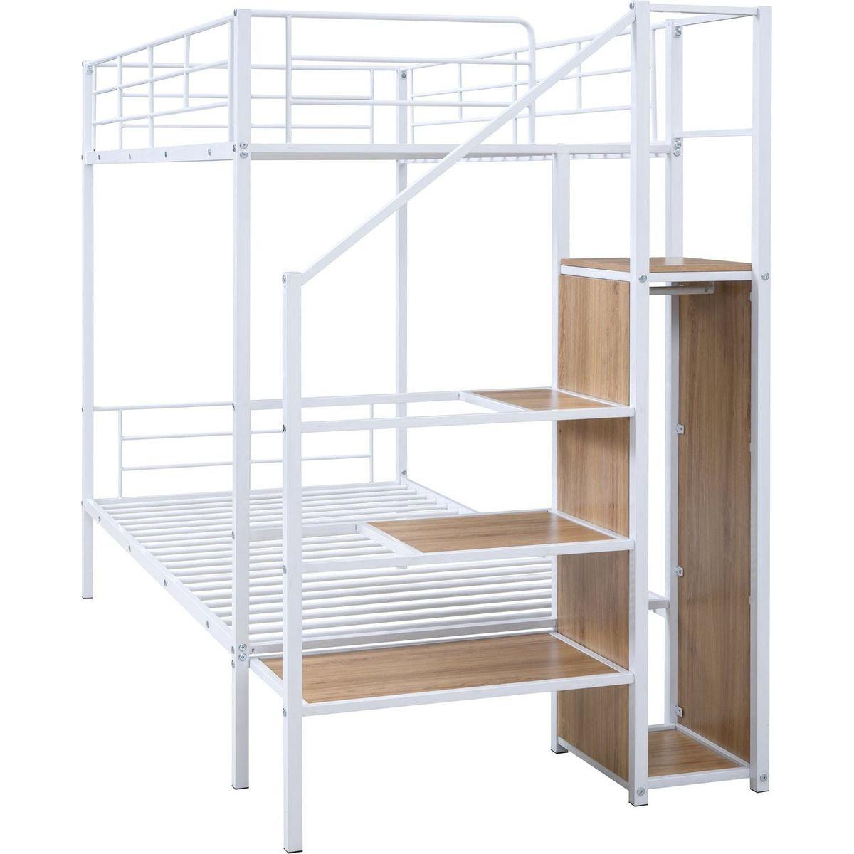 Twin Over Twin Metal Bunk Bed with Lateral Storage Ladder and Wardrobe, White