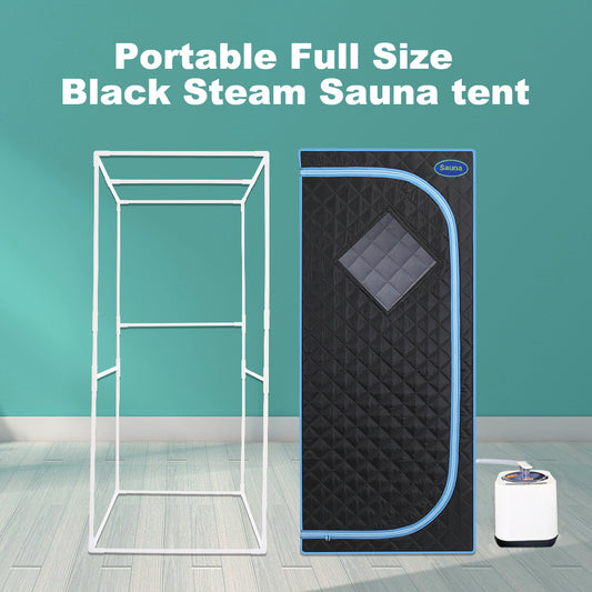 Full Size Portable Black Steam Sauna tent"ersonal Home Spa, with Steam Generator, Remote Control, Foldable Chair, Timer and PVC Pipe Connector Easy to Install.Fast heating, with FCC Certification