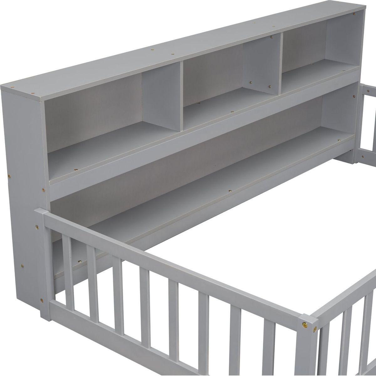 Twin Floor Bed with Bedside Bookcase,Shelves,Guardrails,Grey