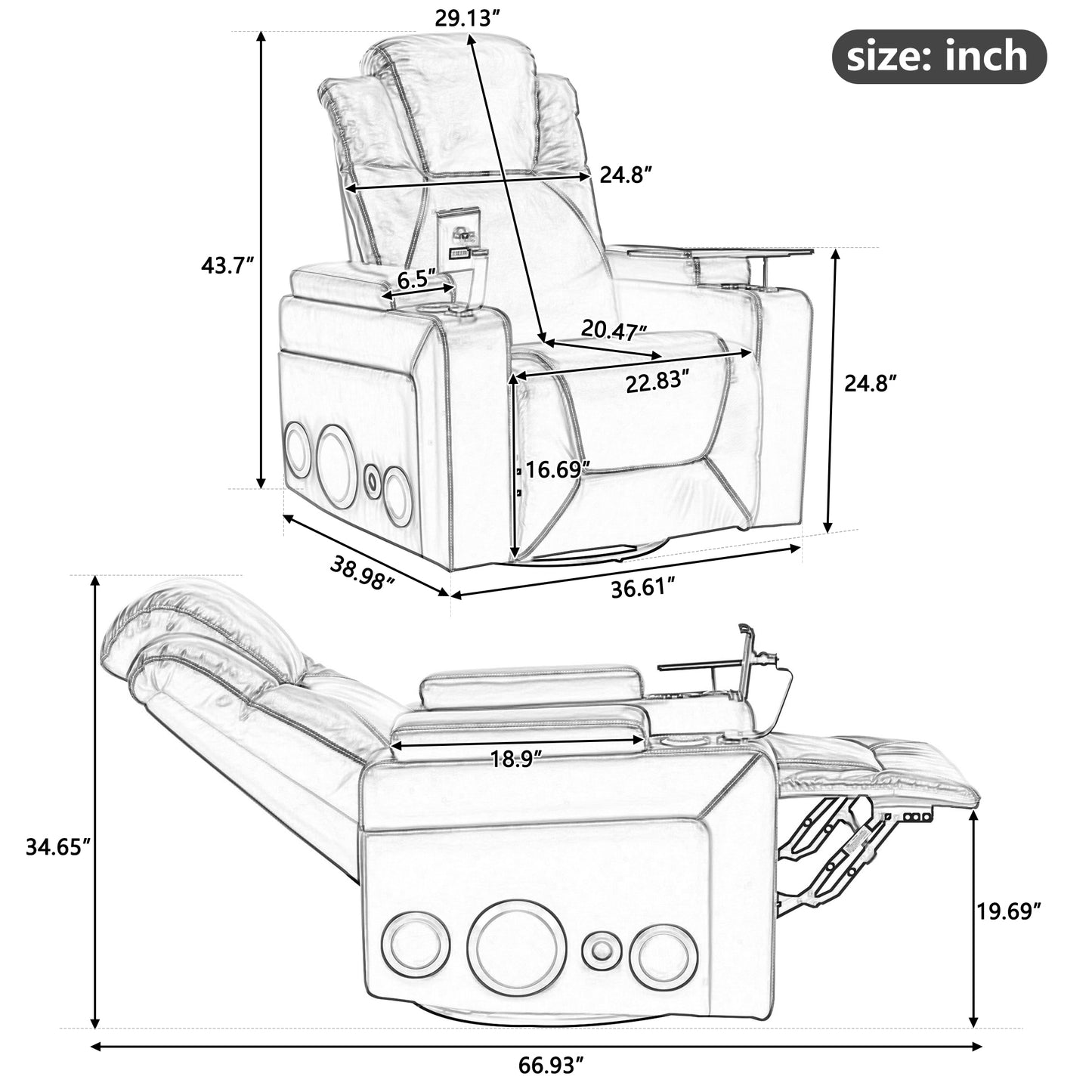 270 Degree Swivel PU Leather Power Recliner Individual Seat Home Theater Recliner with Surround Sound, Cup Holder, Removable Tray Table, Hidden Arm Storage for Living Room, Grey