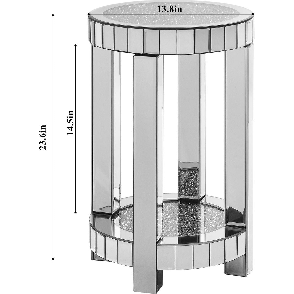 Mirror round table with crystal inlay, 2-layer modern small sofa table with storage space, silver decorative table suitable for living room, bedroom, coffee and small spaces