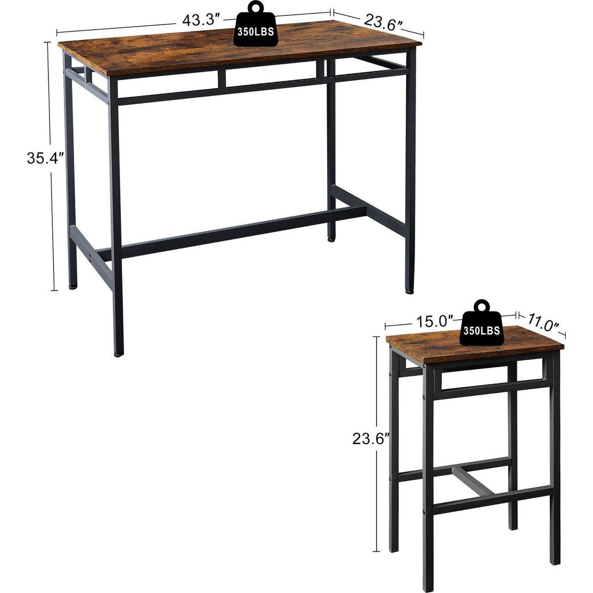 Bar table set 5PC Dinging table set with high stools, structural strengthening, industrial style. Rustic Brown, 43.31" L x 23.62" W x 35.43" H.