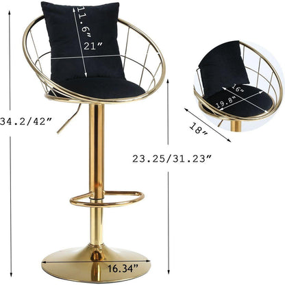 Black velvet bar chair, pure gold plated, unique design,360 degree rotation, adjustable height,Suitable for Dining room and bar,set of 2