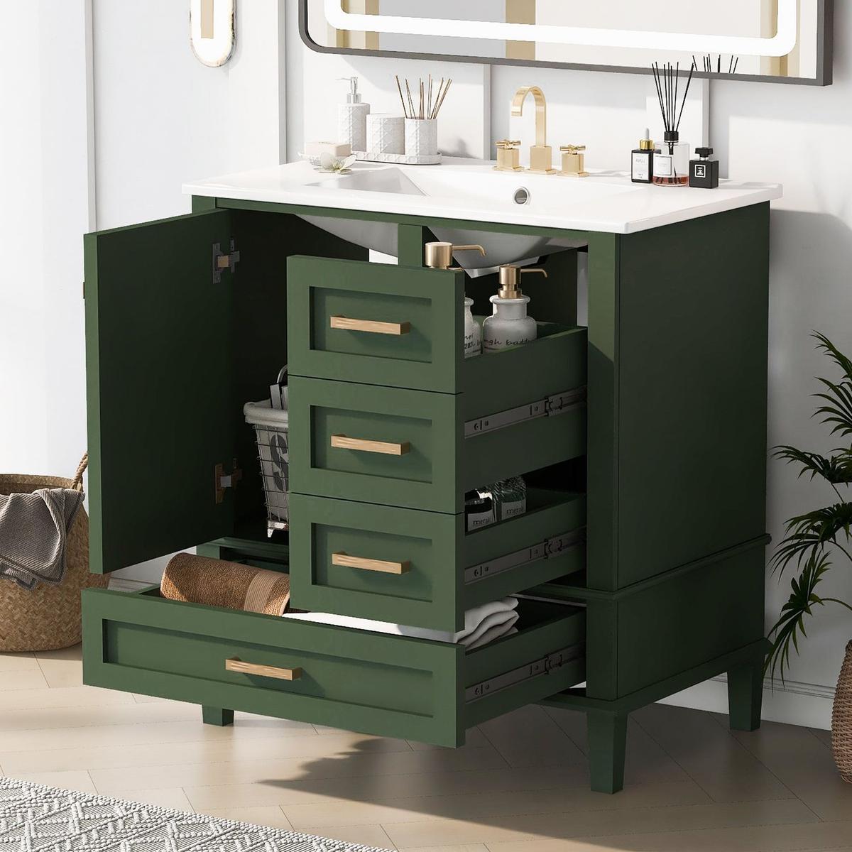 30" Bathroom Vanity in Green, Modern Bathroom Cabinet with Sink Combo Set, Bathroom Storage Cabinet with a Soft Closing Door and 3 Drawers, Solid Wood Frame