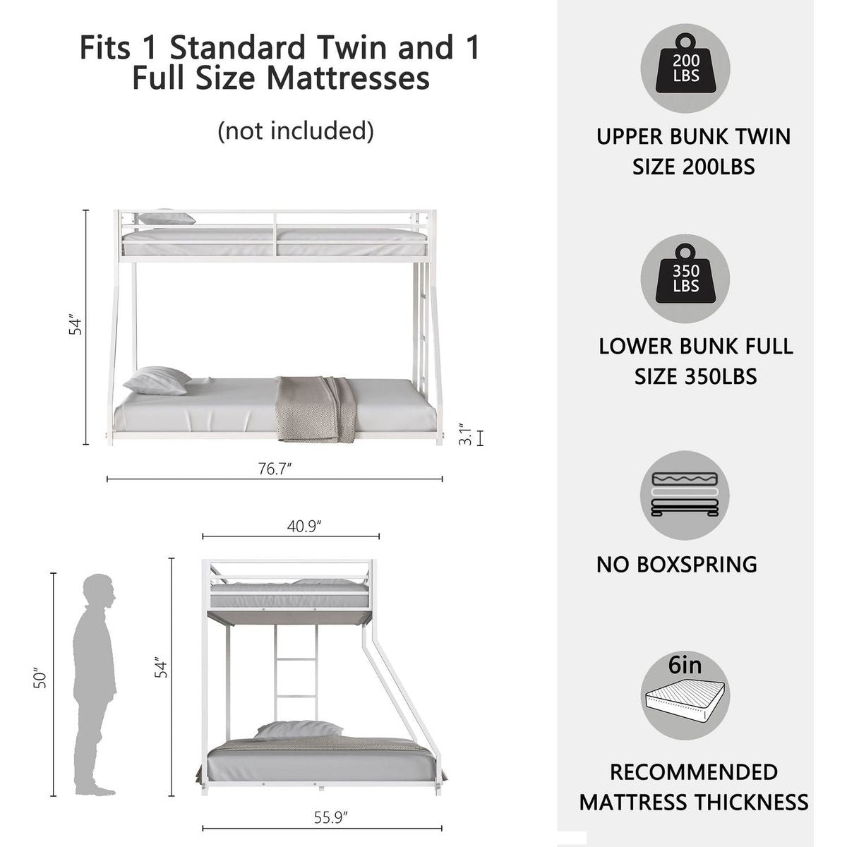 Adam Sturdy Twin over Full Metal Bunk White for Kids and Adult, Low Profile and Easy Climbing with Stable Ladder