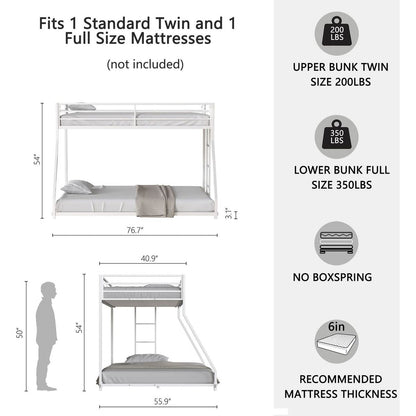 Adam Sturdy Twin over Full Metal Bunk White for Kids and Adult, Low Profile and Easy Climbing with Stable Ladder