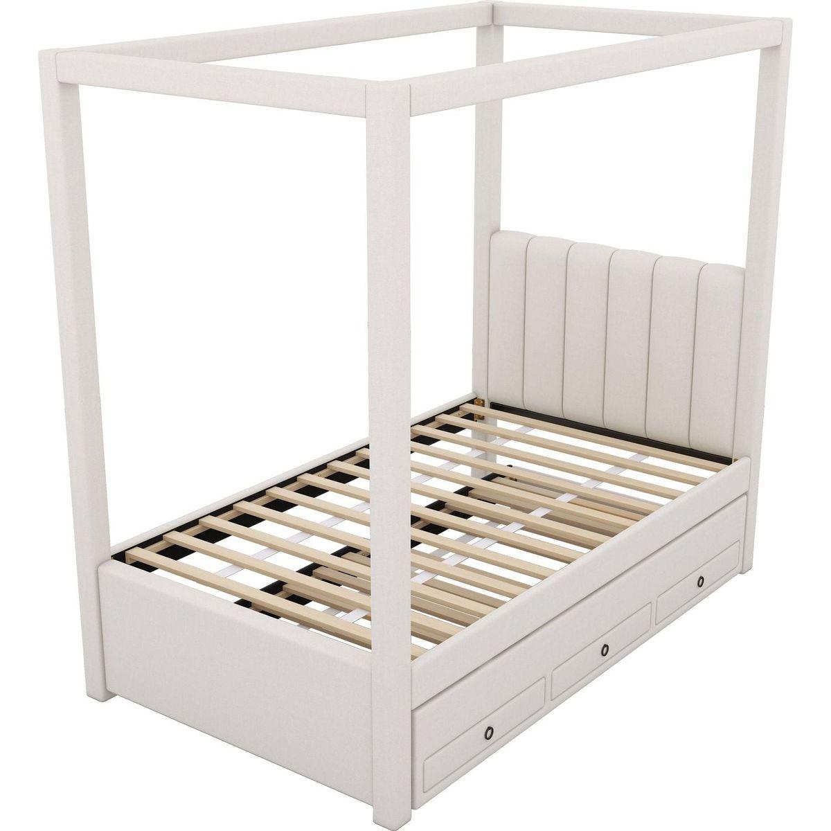 Twin Size Upholstery Canopy Platform Bed with Trundle and Three Storage Drawers, Beige