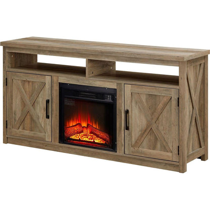 Farmhouse TV Media Stand, Large Barn Inspired Home Entertainment Console, with 18" Fireplace Insert, for TV Up to 65", with Open Shelves and Closed Cabinets, Gray Wash 57.87x15.75x30.31