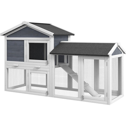 58" Rabbit Hutch, Wooden Bunny Hutch, Guinea Pig Cage, Small Animal Enclosure with Run Area, Removable Tray, Asphalt Roof, Lockable Doors and Ramp, Gray