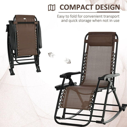 Outdoor Rocking Chairs, Foldable Reclining Zero Gravity Lounge Rocker w/ Pillow, Cup & Phone Holder, Combo Design w/ Folding Legs, Brown