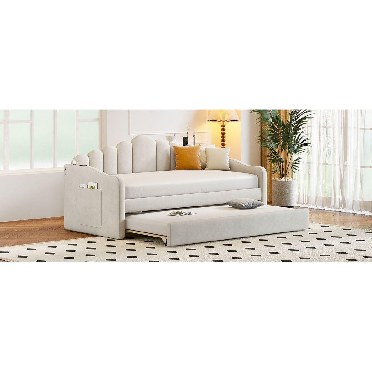 Twin size Upholstered Daybed with Trundle, Velvet Sofabed with USB Charging Ports,No Box-spring Needed,Beige