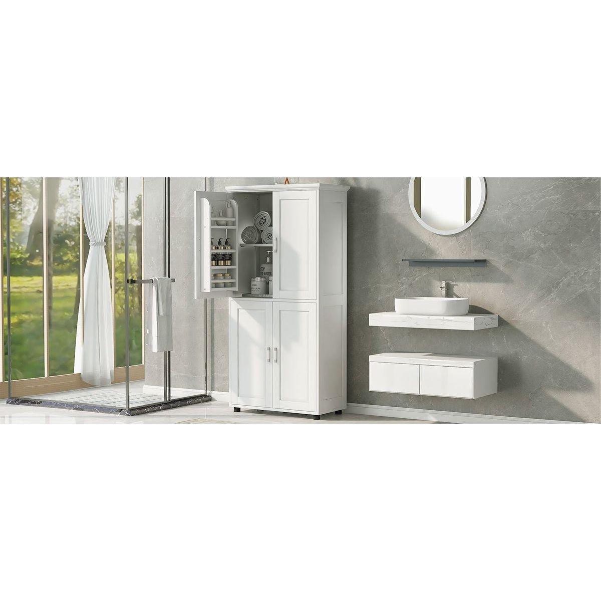 Tall and Wide Bathroom Floor Storage Cabinet, Bathroom Storage Unit, Freestanding Cabinet with 4 Doors, Adjustable Shelves, White