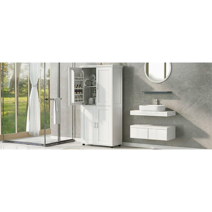 Tall and Wide Bathroom Floor Storage Cabinet, Bathroom Storage Unit, Freestanding Cabinet with 4 Doors, Adjustable Shelves, White