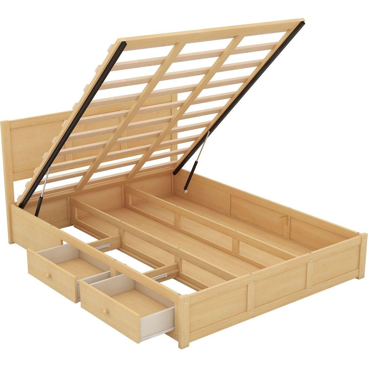 Queen Size Wood Platform Bed with Underneath Storage and 2 Drawers, Wood Color