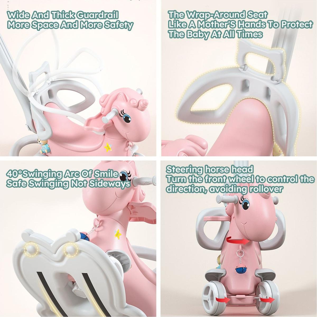 Rocking Horse for Toddlers, Balance Bike Ride On Toys with Push Handle, Backrest and Balance Board for Baby Girl and Boy, Unicorn Kids Pink Color