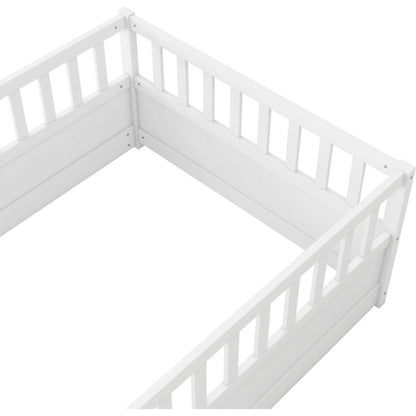 Twin Size Floor bed, integral construction with super high security barrier, door, children's floor bed frame, Montessori wooden children's floor bed, white