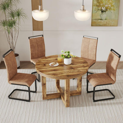 A modern and practical circular dining table. Made of MDF tabletop and wooden MDF table legs. 4-piece technology cloth high backrest cushion side chair, C-shaped tube black metal legs.