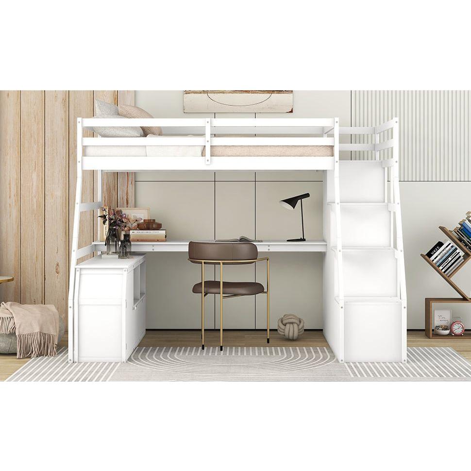 Twin Size Loft Bed with 7 Drawers 2 Shelves and Desk - White