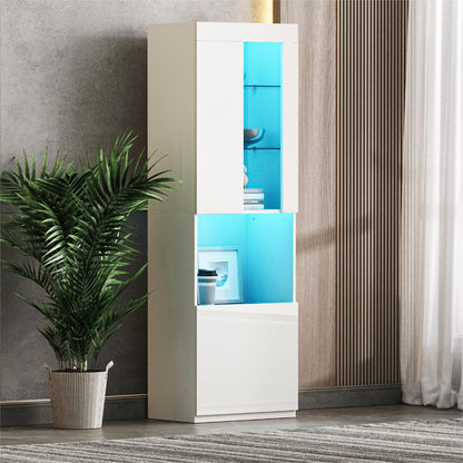 ON-TREND High Gloss Storage Cabinet with LED Lights, 67' Tall Pantry Cabinet with Acrylic Door, Modern Bookcase & Display Cabinet with Open Countertop and Tempered Glass Shelves for Living Room, White