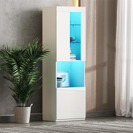 ON-TREND High Gloss Storage Cabinet with LED Lights, 67' Tall Pantry Cabinet with Acrylic Door, Modern Bookcase & Display Cabinet with Open Countertop and Tempered Glass Shelves for Living Room, White