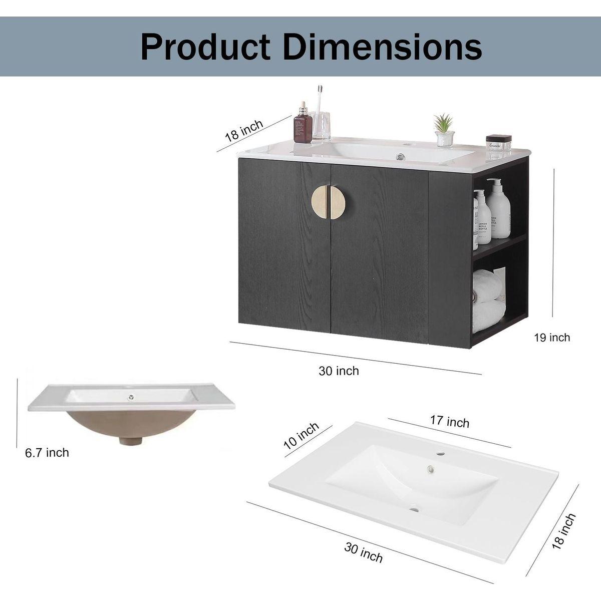 30" Bathroom Vanity with Sink,with two Doors Cabinet Bathroom Vanity Set with Side right Open Storage Shelf,Solid Wood,Excluding faucets,Black