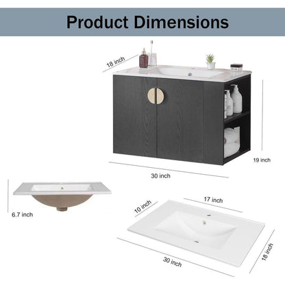 30" Bathroom Vanity with Sink,with two Doors Cabinet Bathroom Vanity Set with Side right Open Storage Shelf,Solid Wood,Excluding faucets,Black