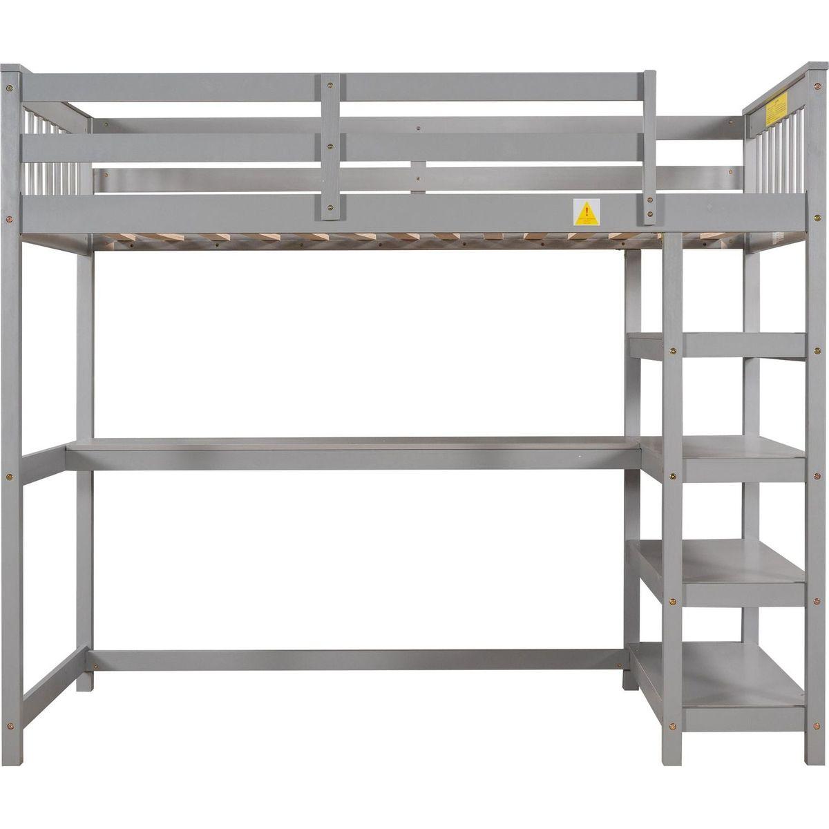 Twin Size Loft Bed with Storage Shelves and Under-bed Desk, Gray