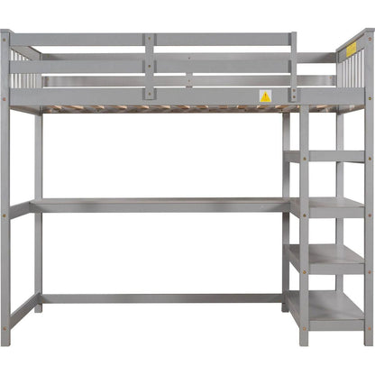 Twin Size Loft Bed with Storage Shelves and Under-bed Desk, Gray
