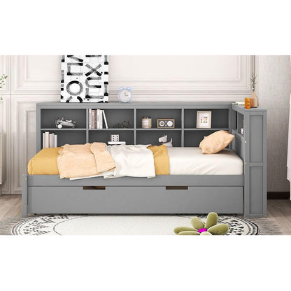 Wooden Twin Size DayBed with Twin Size Trundle, DayBed with Storage Shelf and USB Charging Ports,Grey