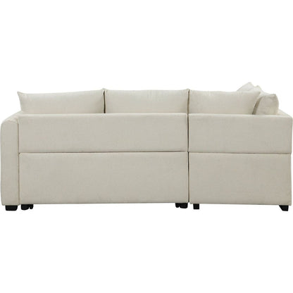 82.6" L-shaped Sectional Pull Out Sofa Bed Sleeper Sofa with Two USB Ports, Two Power Sockets and a Movable Storage Ottoman, Beige