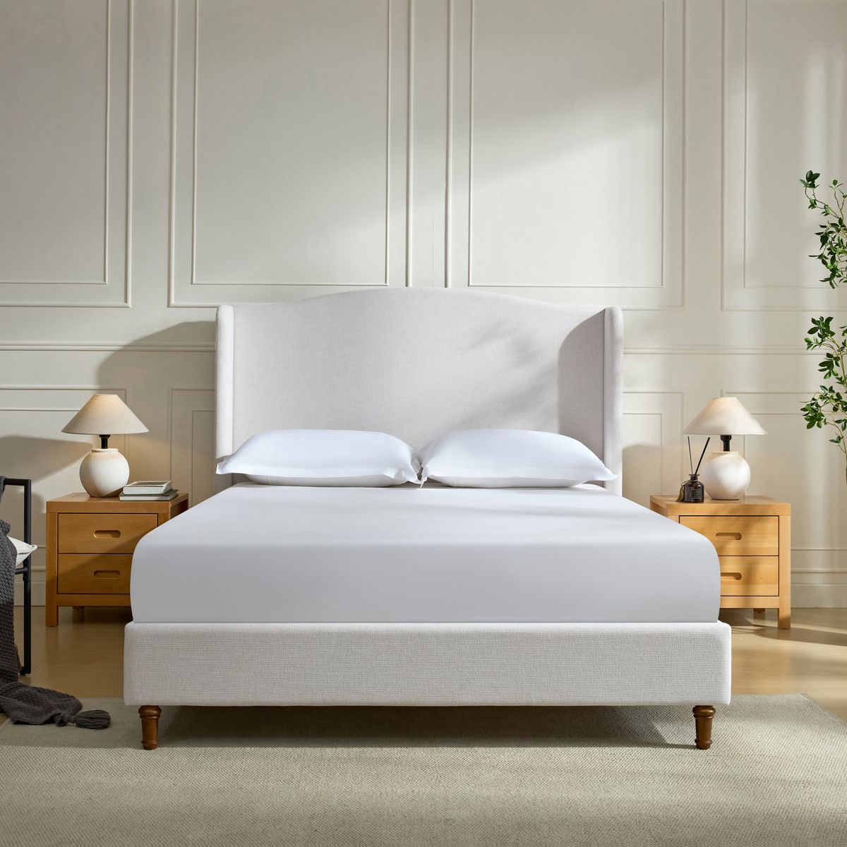Hannah Upholstered Wingback Bed Size Queen / Tall 54' Headboard Upholstered Queen Bed / Premium Textured Canvas Chenille Look Ivory / Minimalist Designs / No Box Spring Needed / Easy Assembly / Queen