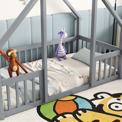 Twin Wood House-Shaped Floor Bed with Fence, Guardrails, Grey