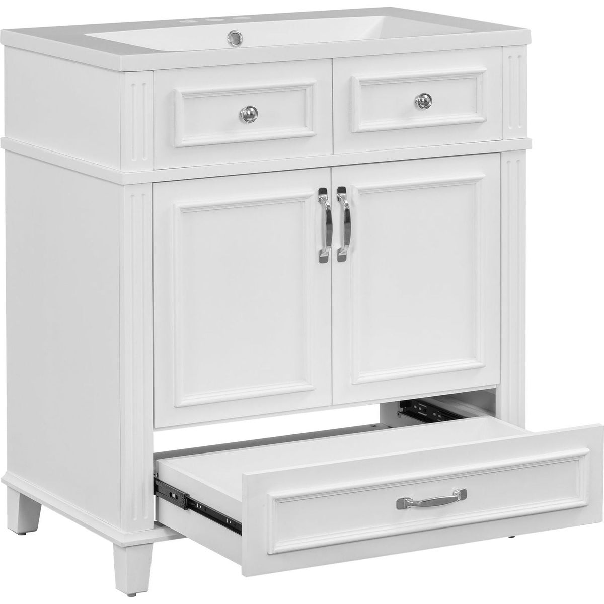 30" Bathroom Vanity with Resin Sink, Solid Wood Frame Bathroom Storage Cabinet with Soft Closing Doors, Retro Style, White