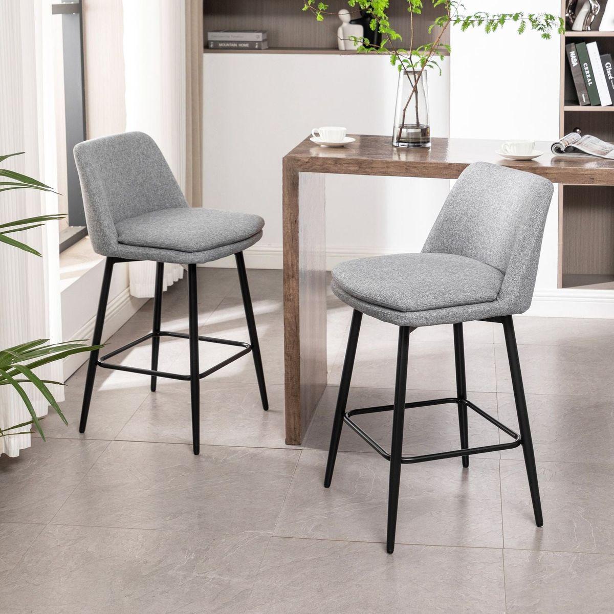 Counter Height Swivel Bar Stools Set of 2, 360 Swivel Upholstered Barstools with Back and Metal Legs, 25.6" Seat Height,Counter Stools for Kitchen Island and Pub,Linen Cloth,Grey