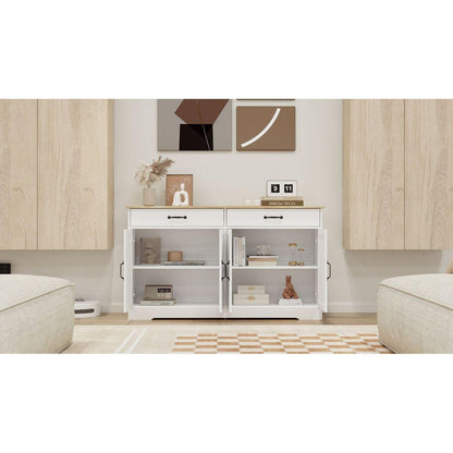 55.91" Large Farmhouse Buffet Cabinet Storage Sideboard with 2 Drawers and 4 Doors for Dining Living Room Kitchen Cupboard-White