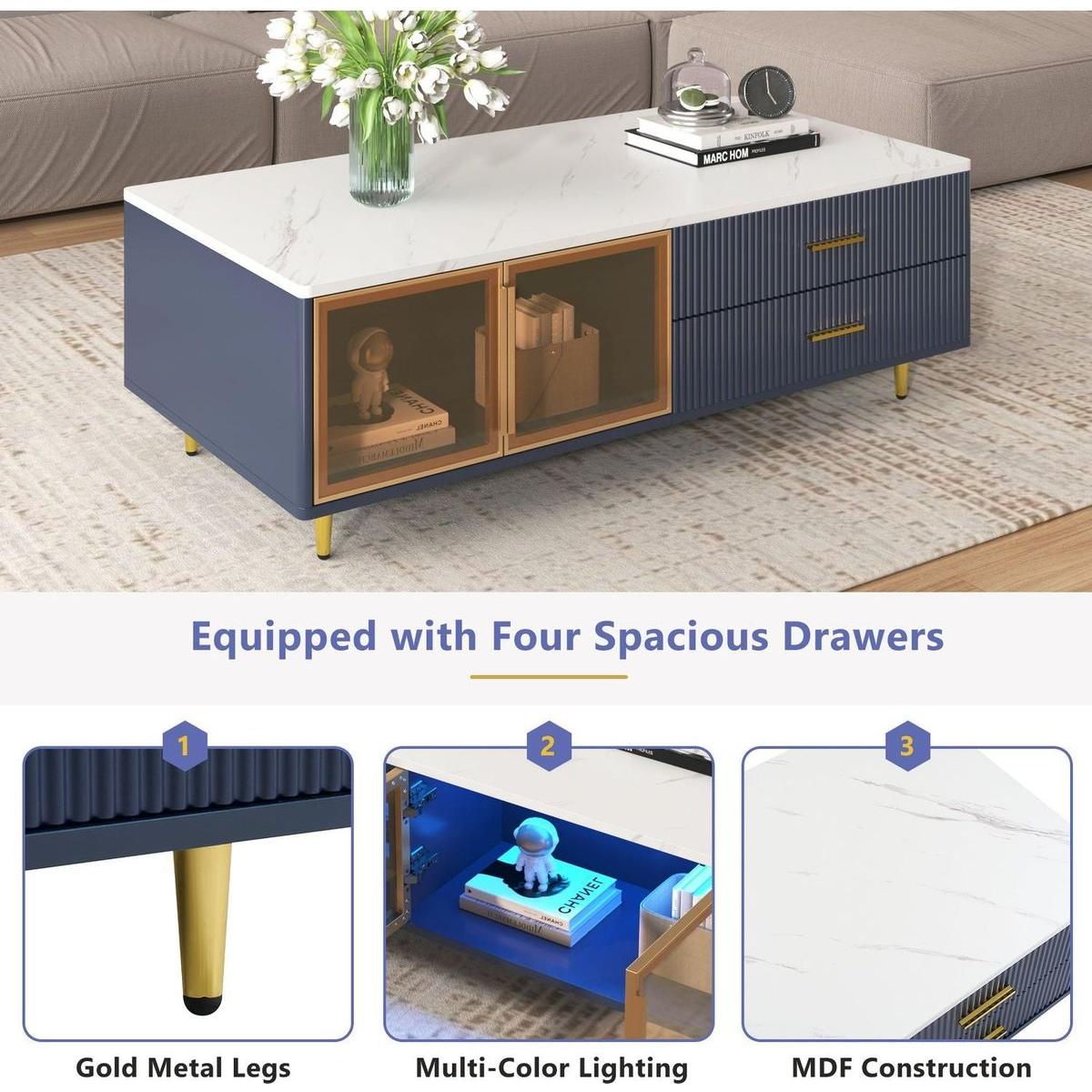 Modern Navy Blue Coffee Table with 2 Glass Door Storage, 4 Drawers, Gold Metal Legs, and Multi-Color Lighting in 47.2"