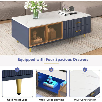 Modern Navy Blue Coffee Table with 2 Glass Door Storage, 4 Drawers, Gold Metal Legs, and Multi-Color Lighting in 47.2"