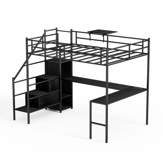 Full Size Metal Loft Bed with L-shaped Desk, LED Lights, Charging Cradle, LED Loft Bed Frame, Full Size Bed with One Cabinet Wardrobe and 2 Fabric Drawers, Safety Rails and Ladder, Black